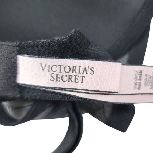 Victoria's Secret Lace Overlay Lined Demi Bra Black 32DD Adj Trim Mesh Underwire - Picture 9 of 11